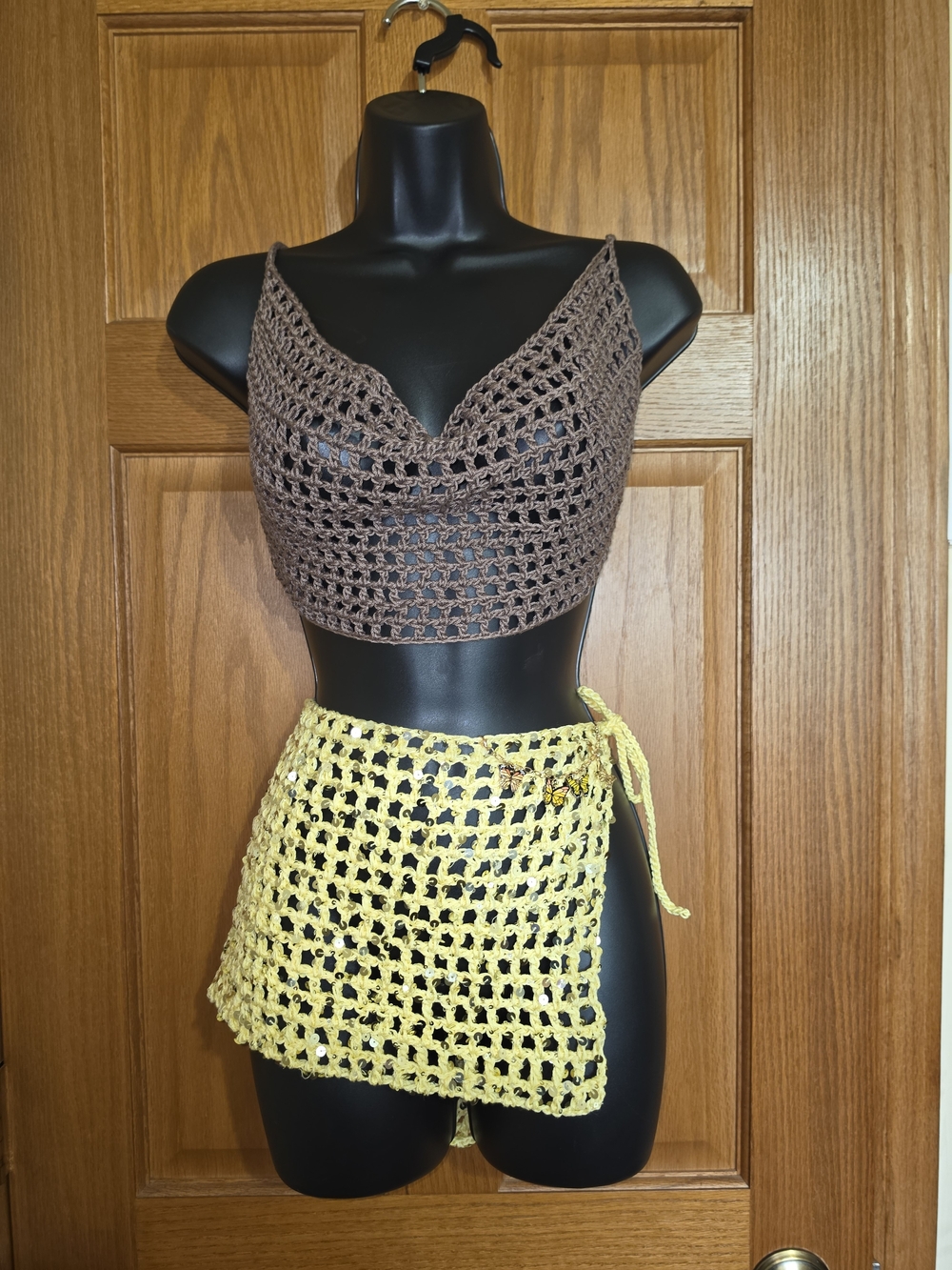 Handmade Crochet Bralette and Mini Wrap Skirt Set - Brown & Yellow, One Size